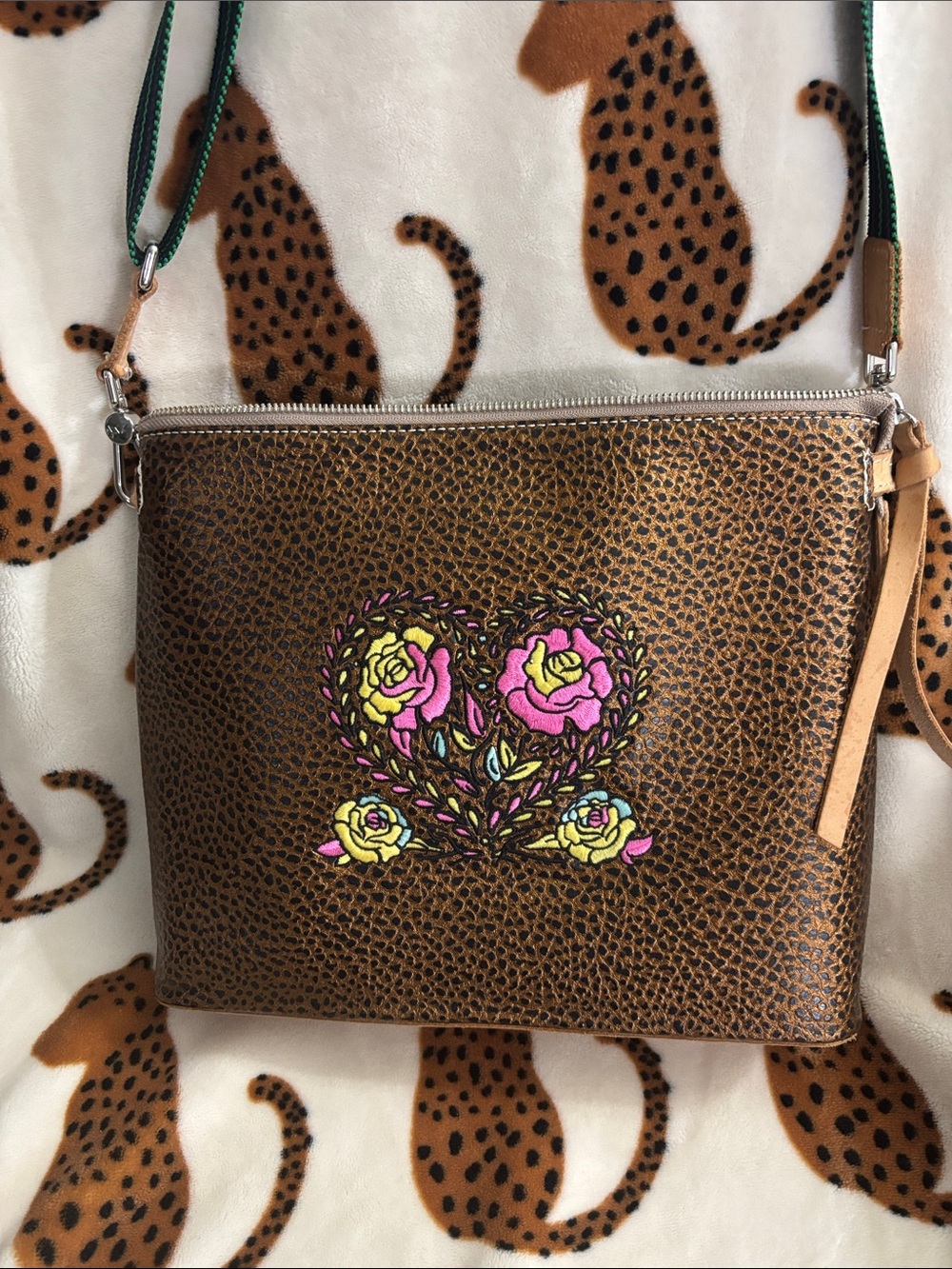 Consuela Brown Crossbody Bag with Pink & Yellow Floral Heart
